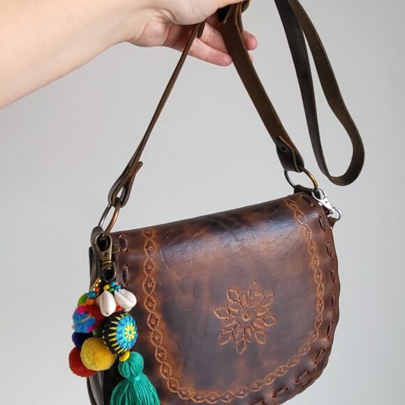 Vintage Hand-Tooled Leather Crossbody Bag + Owl Coin Purse • Boho • Artisan - Picture 2 of 14